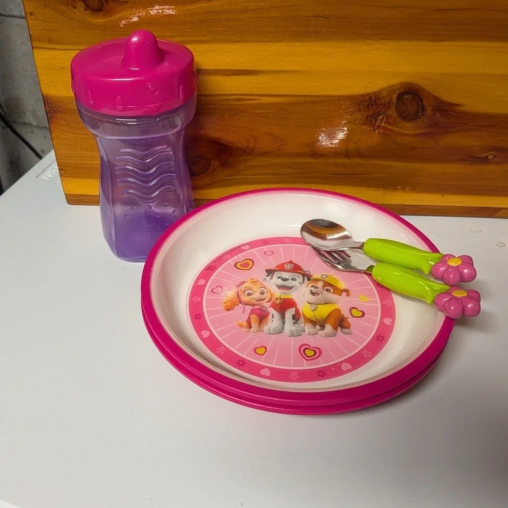 Paw Patrol Kids Feeding Set‎ Skye Marshall 2 Plates Sippy Cup Flower Cutlery Lot